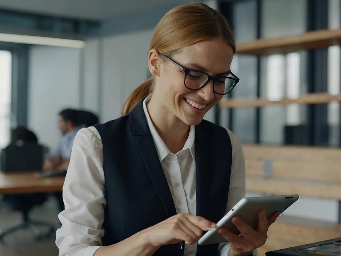 A woman wears glasses and smiles as she uses an ipad.