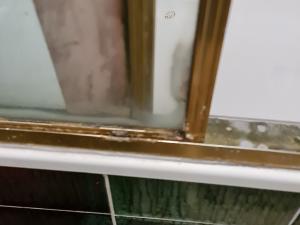 This mould is inside the shower screen, it's permanent and had obviously been there a long time. I put contact paper on it to cover it up because it's so gross. There are rust spots in the bath, it was painted before but the paint had come off. 