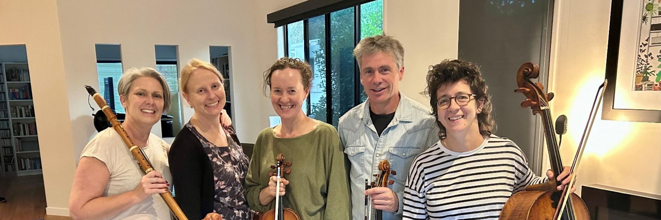 L–R: Nicole van Bruggen (clarinet), Rachael Beesley (violin), Alison Rayner (violin), Stephen King (viola) and Natasha Kraemer (cello).