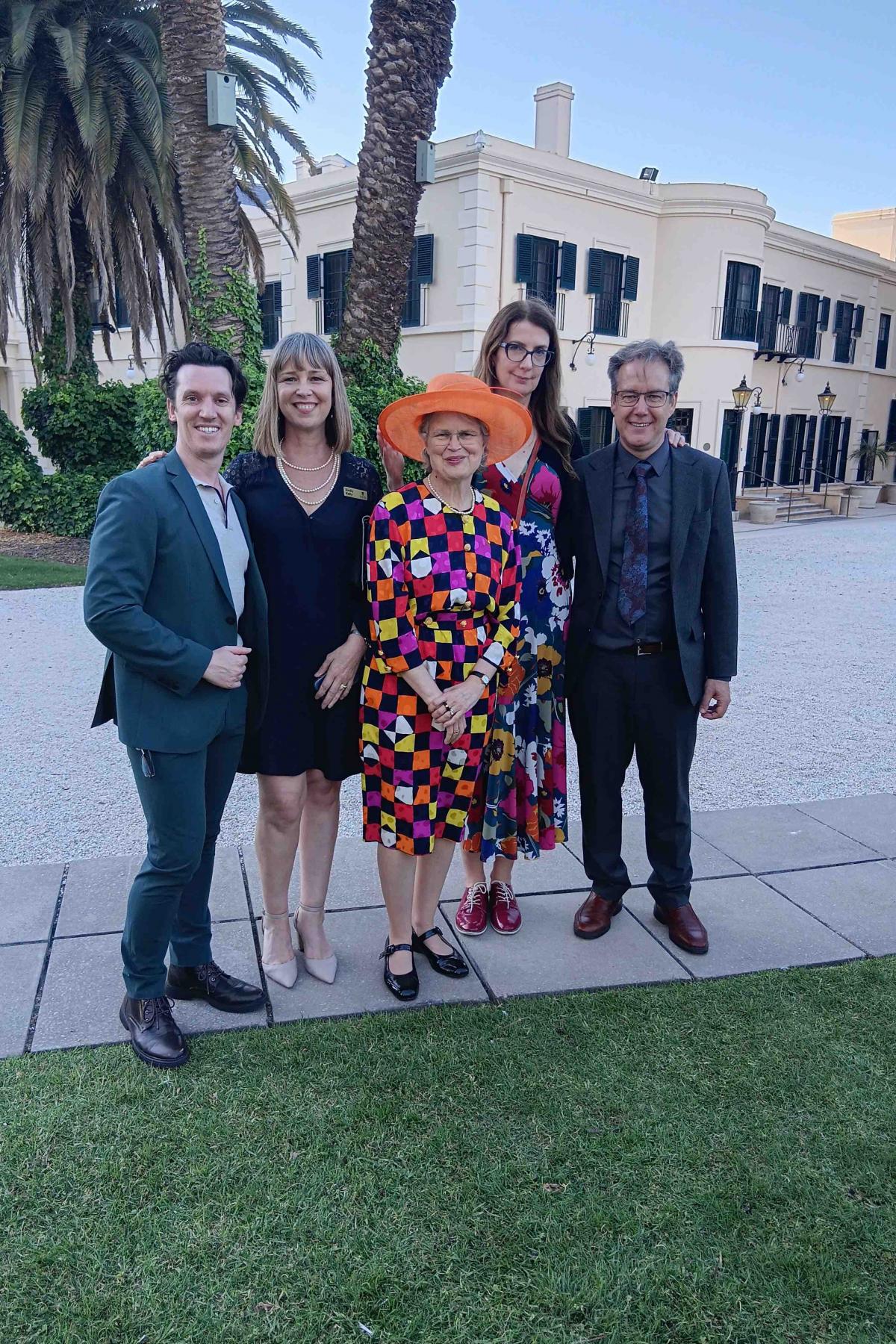 2025 Patronage Garden Reception. L–R: Joseph Simons, Emily Kelly, Her Excellency the Honourable Frances Adamson AC, Professor Anna Goldsworthy, and Associate Professor Luke Dollman