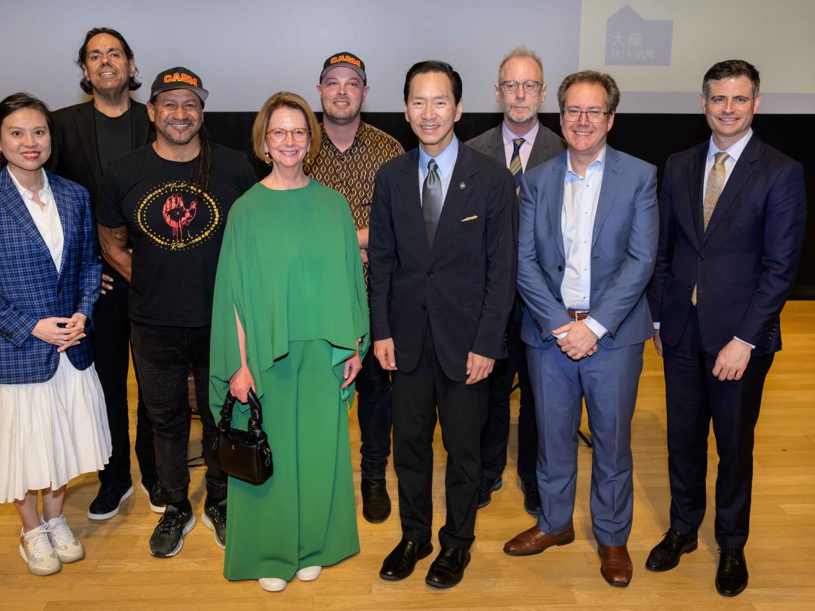 Luke Dollman, Dylan Crismani and Grayson Rotumah after a talk at the Tai Kwun Arts Centre in Hong Kong, attended by Julia Gillard