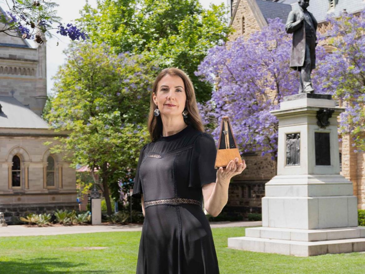Anna Goldsworthy with her grandfather's metronome. Photo: Issaac Freeman (photographic editor of Lumen)
