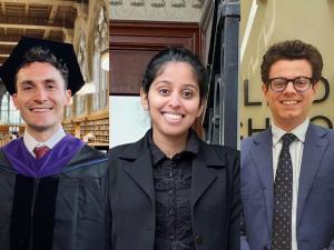 A collage of our alumni and international fellowship winners: Flyn Wells, Azaara Perakath, and Christian Andreotti 