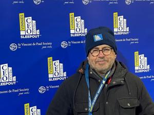 Professor Noel Lindsay is rugged up at the Vinnies CEO Sleepout 2023
