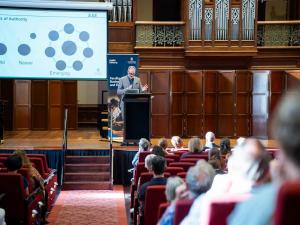 Dr David Gaimster delivers his keynote speech in Elder Hall