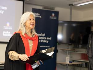Professor Fiona Yap welcomes attendants at the School of Economics & Public Policy 2024 Prize Event