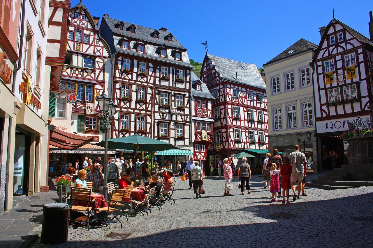 German buildings on cobblestone road