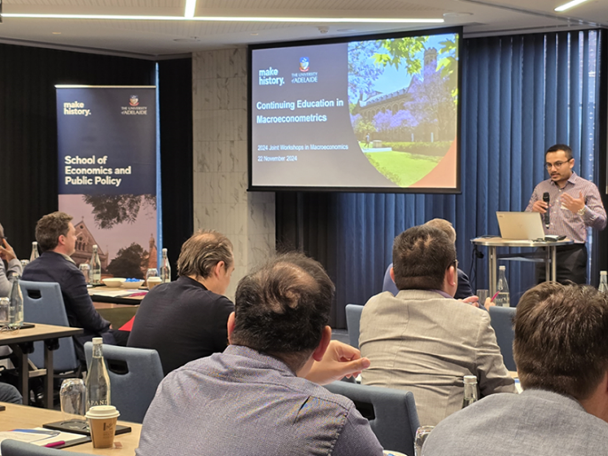 A group of people attend the 2024 Joint Workshops in Macroeconomics at the University of Adelaide
