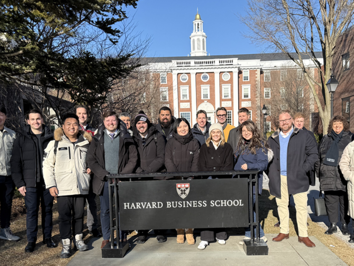 Members of the Adelaide Business School MBA Study Tour pose at Harvard Business School