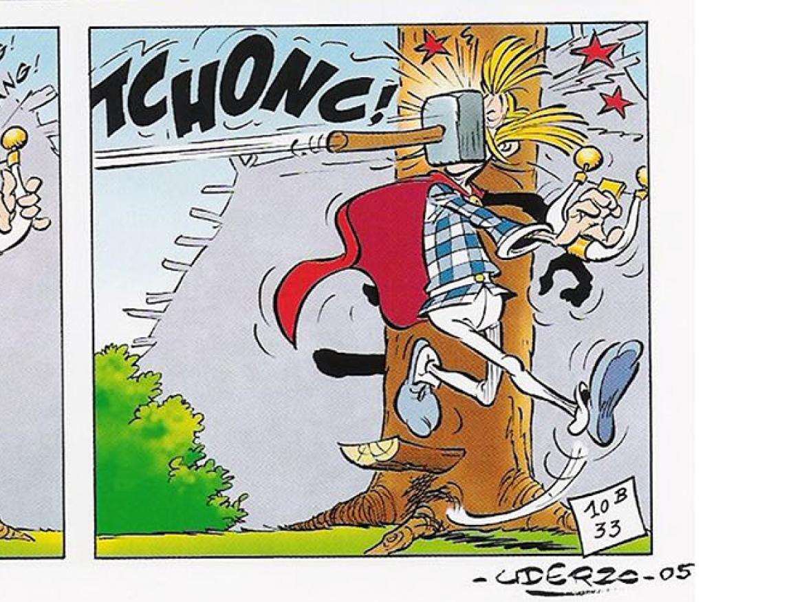 A 2-panel comic. Panel 1: Cacofonix is playing a harp and singing 'If I had a hammer'. Panel 2: Cacofonix is hit in the head with a hammer.