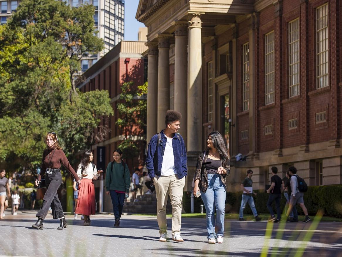 Students walk around the North Terrace campus.