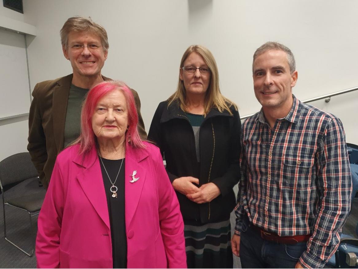 Researchers and oral historians Dr Paul Sendziuk (University of Adelaide) and Dr Alistair Thomson with former Holden workers Joy Thieleand Helen Swaeney.