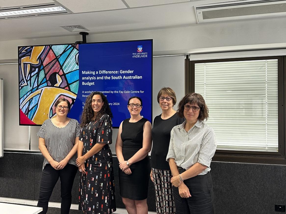 A group of female speakers stand and smile at the Gender Analysis and the South Australian Budget event