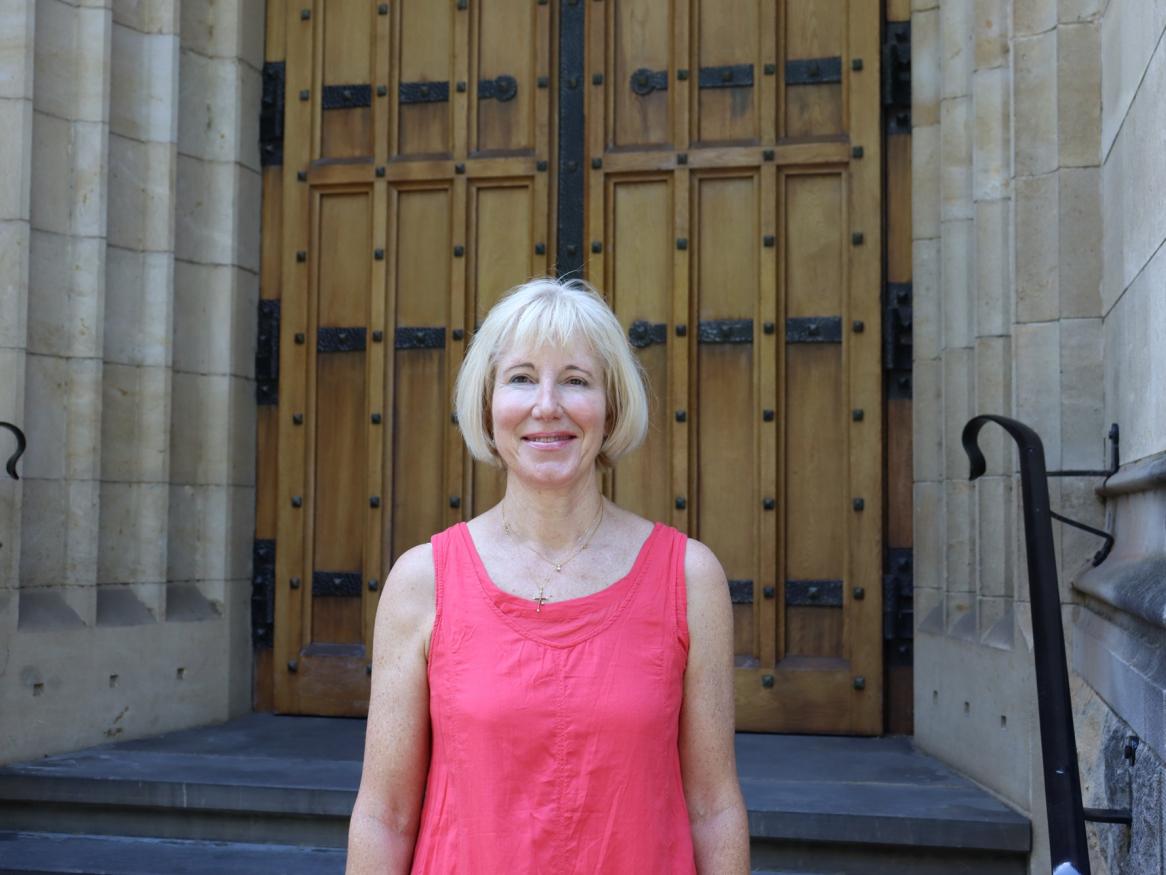 Elleke Boehmer smiles in front of Bonython Hall