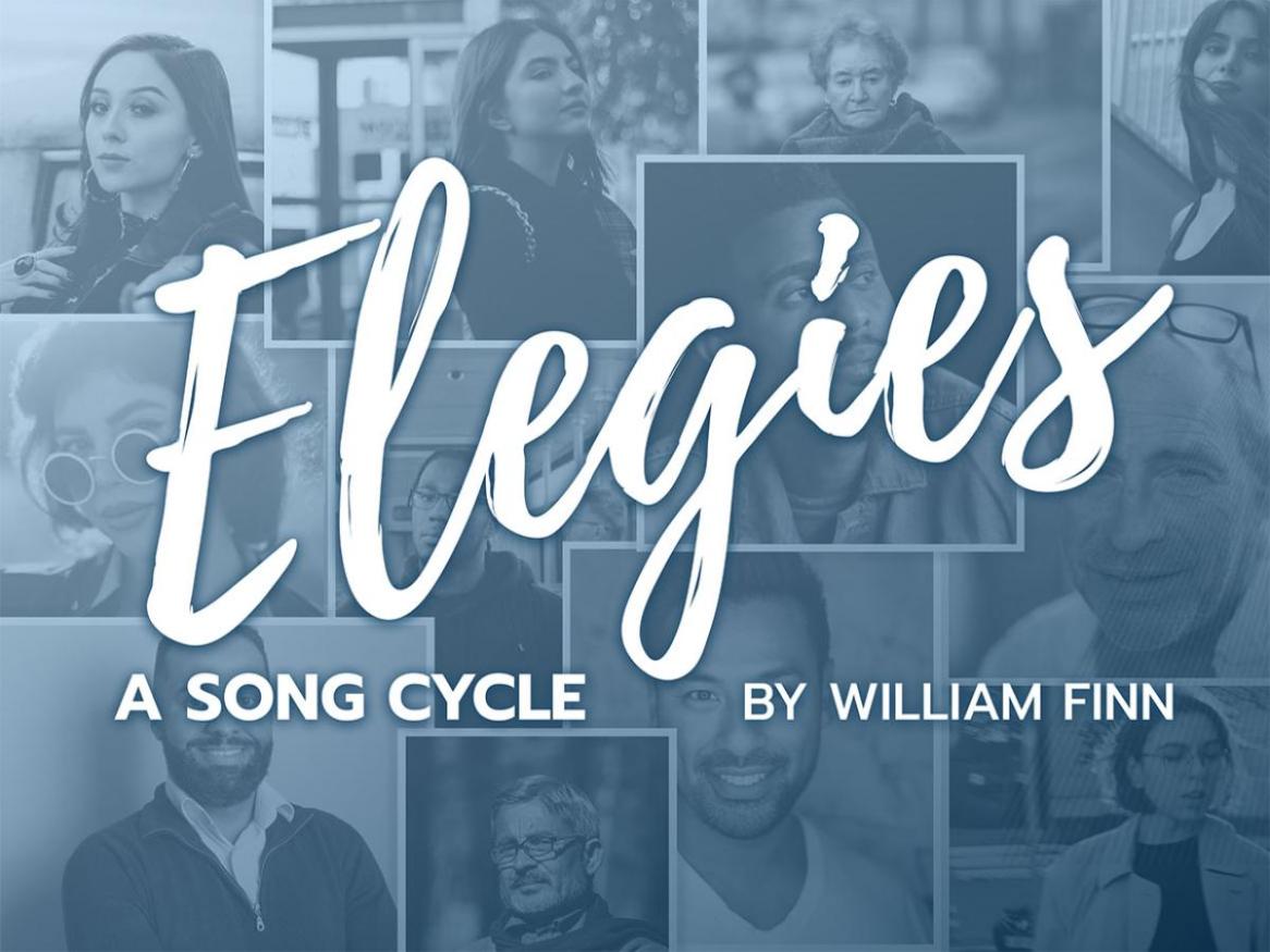 A blue and white poster for 'Elegies: A Song Cycle'