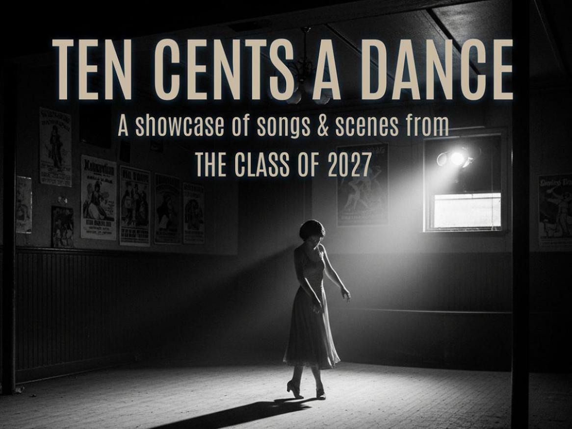 A poster shows a dancer on a stage, in black and white