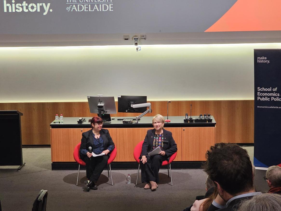 Barbara Pocock speaking in lecture theatre at Fisher Lecture